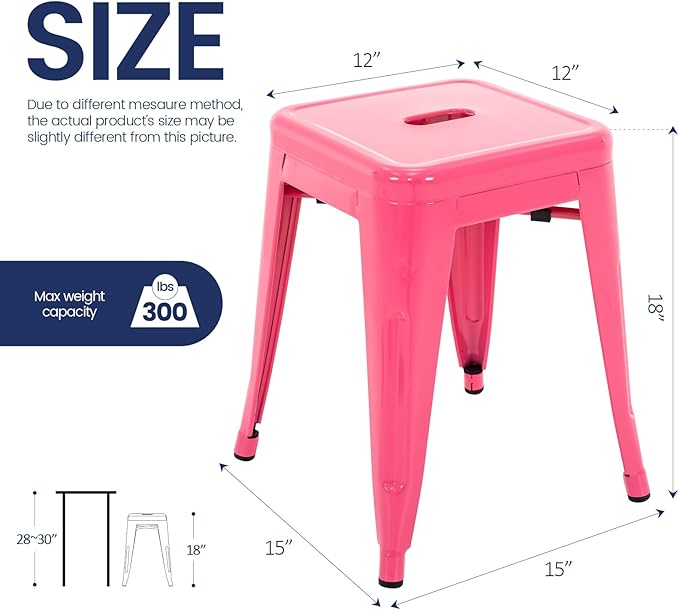 Brage Living 18 Inch Industrial Metal Stools Set of 4, Stackable Classroom Stools, Backless Metal Dining Chairs for Indoor Outdoor, Kitchen Short Stools (Hot Pink)