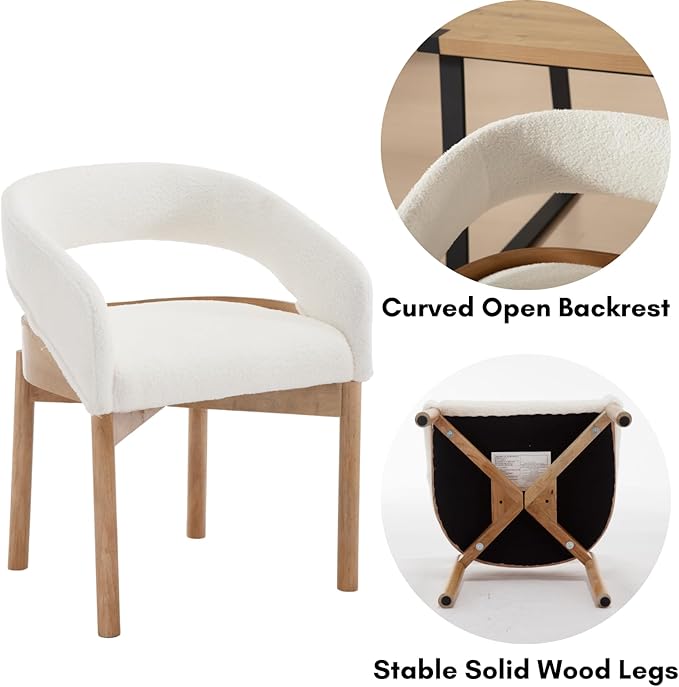 DUOMAY Modern Sherpa Dining Chairs Set of 4, Open Back Kitchen Chairs with Solid Wood Legs Upholstered Curved Back Side Chairs for Kitchen Restaurant, Fur White