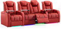 Weilianda Home Theater Seating Top Grain Leather Zero Gravity Recliner Chair Power Headrest Recline Movie Seat Gaming 7 Colors Mood Light Sofa with Tray Table USB Charge Row of 4 Loveseat Middle Red