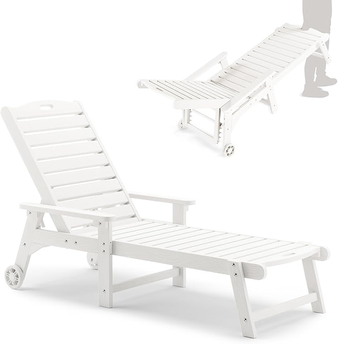 LUE BONA Outdoor Chaise Lounge, HDPS Chaise Lounger, 5 Positions Adjustable Lounge Chairs, Pool Lounge Chair with Wheels for Poolside, Backyard, White