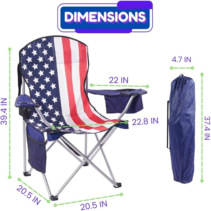 EZONE 4-Pack Camping Chairs with Built-in Ice Cooler, Portable Chair, Storage Pocket, Cup Holder, and Carry Bag Perfect for Camping, Tailgating, Fishing, Beach, and Lawn (4, Flag)