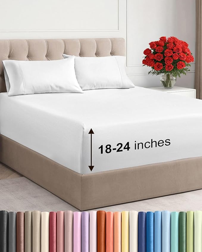 Extra Deep Pocket Queen Sheet Set - 4 Piece Breathable & Cooling Bed Sheets - Hotel Luxury Sheet Set - Ultra Soft, Wrinkle Free & Comfy - Easily Fits Extra Deep Mattresses - Deep Pocket White Sheets