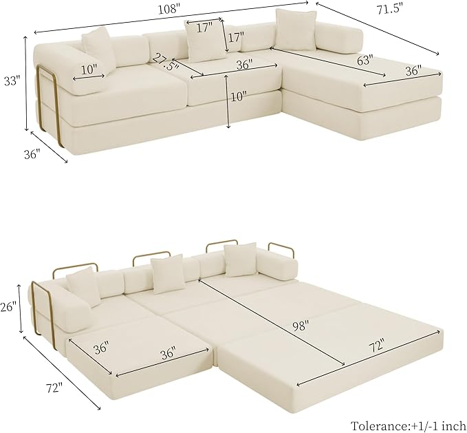 HANXIN 108" Modular Sectional Sofa, Futon Convertible Sofa Bed,Oversized Corduroy Boneless Couch for Living Room,Floor Loveseat Sleeper with Pull Out Bed,Free Combination,No Assembly Required (Beige)