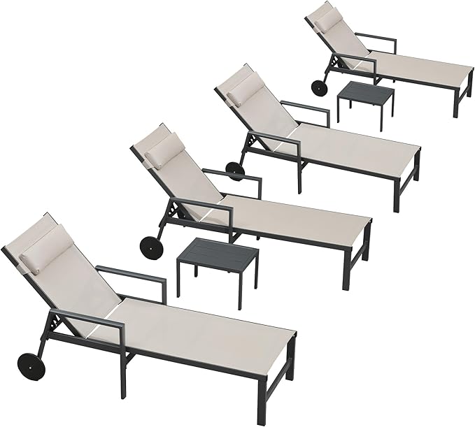 PURPLE LEAF Patio Lounge Chair Set Outdoor Chaise Lounger Aluminum Frame with Armrest 2 Side Table and Wheels for Pool Outside Sunbathing Tanning Recliner Including Pillows Beige