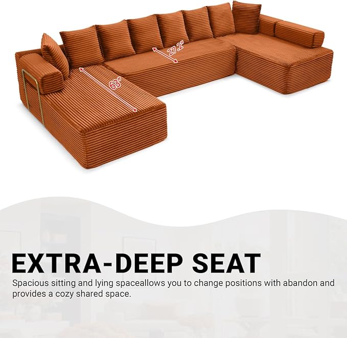 145" Oversized Cloud Boneless Sectional Sofa with Chaise, Corduroy U Shaped Modular Couch with Deep Seat, Fixed Frame Comfy Corner Sofa, No Assembly Required (Orange)