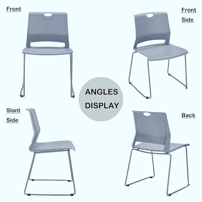 Grey Stacking Chairs Set of 4, Modern Stackable Office Chairs with Wide Plastic Seat & Metal Sled Base for Waiting Room Break Room Conference Church Banquet Lobby
