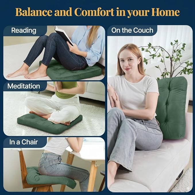 Velvet Floor Pillow,Square Large Pillows Seating for Adults, Green Tufted Cushions for Meditation, Yoga Tatami Living Room Chair Booster Machine-Washable & Dryer-Safe, Green, 22x22 Inch