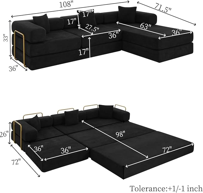 HANXIN 108" Modular Sectional Sofa,Futon Convertible Sofa Bed,Oversized Corduroy Boneless Couch for Living Room,Floor Loveseat Sleeper with Pull Out Bed,Free Combination,No Assembly Required (Black)