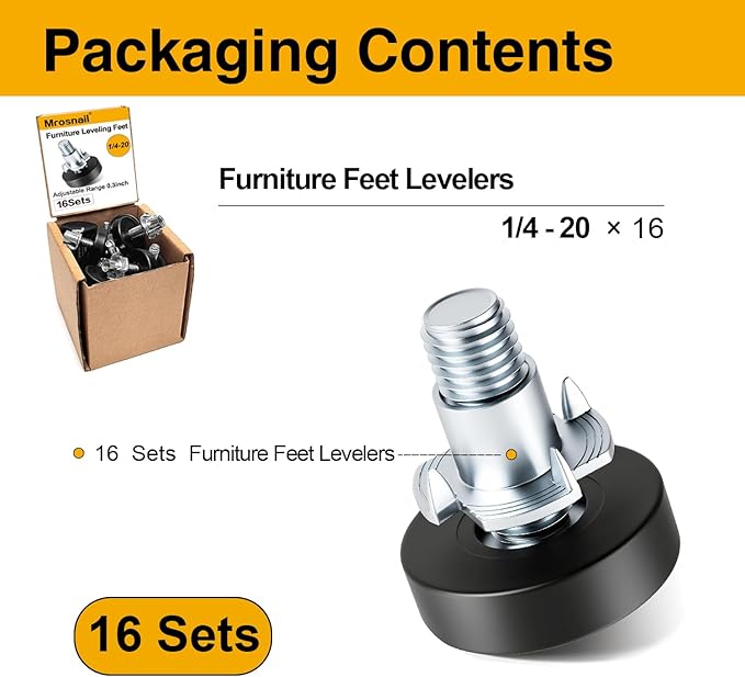 Mrosnail 16Pcs Adjustable Furniture Leveling Feet with T-Nuts, 1/4"-20 UNC Thread Screw-in Furniture Levelers for Chairs, Nightstands, Small Cabinets