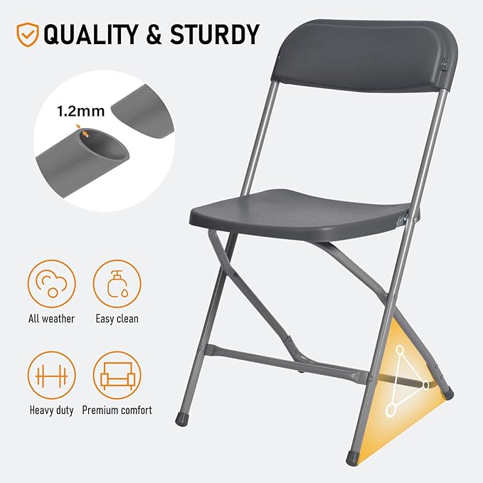 6 Pack Gary Plastic Folding Chair, Indoor Outdoor Portable Stackable Commercial Seat with Steel Frame 350lb. Capacity for Events Office Wedding Party Picnic Kitchen Dining