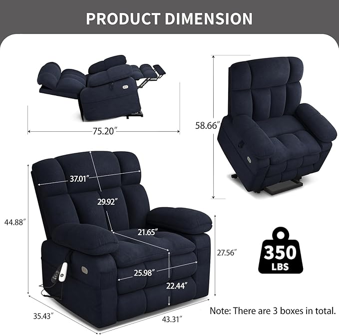 Dual Motor Power Lift Recliner Chair for Elderly with Adjustable Headrest,Extra Wide Recliner Chair with Massage,Lay Flat Recliner with Extended Footrest,Cup holder,Storebox,USB&Type-C Ports,Navy Blue
