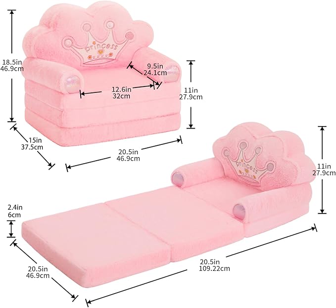 MOONBEEKI Toddler Chair Comfy，Foldable Princess Couch for Girl, Toddler Recliners for Kids Over 18 Months, Kids Furniture for Bedroom and Playroom, Pink