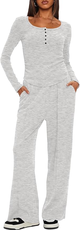 Darong Womens 2 Piece Matching Lounge Sets 2026 Long Sleeve Henley Shirts Wide Leg Pants Airport Travel Outfits