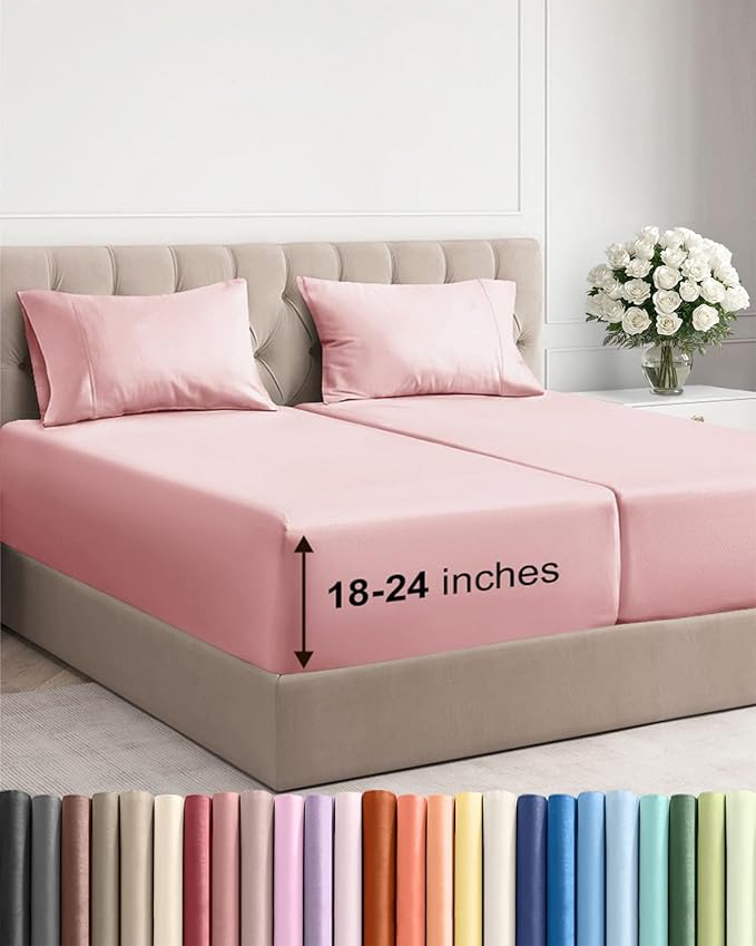 Extra Deep Pocket Split King Sheets - 5 Piece Breathable & Cooling Bed Sheets - Hotel Luxury Bed Sheet Set - Soft, Wrinkle Free & Comfy - Easily Fits Extra Deep Mattresses - Baby Pink Sheets Set