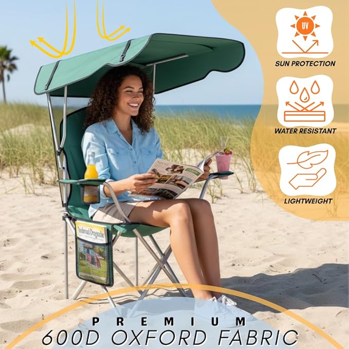 CozyBox Portable Folding Camping Chairs with Canopy Shade, Beach Chair for Adults, Durable Weather Resistant 600D Oxford Cloth, Camping Chair with Canopy for Outdoors [Green]