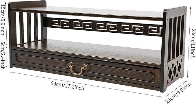 Floor Table Low 2-Tier Meditation Altar Table with Drawers Bamboo Coffee Table Desktop Organizer for Japanese Tatami Chinese Asia, Prayers, Displaying Jars/Plants/Books-27.2*9.8*11in (Walnut Color)
