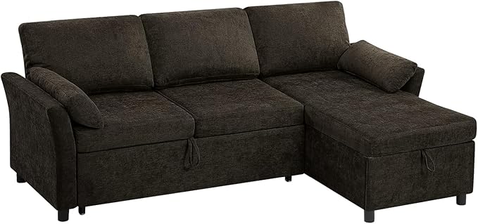 ACMEASE 83 Inches Fabric Sectional Sofa with Pull Out Sofa Bed, Modern L Shaped Sofa with Throw Pillows, Comfortable Sleeper Couch with Storage Chaise for Living Room, Brown