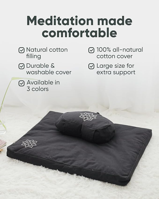Mindful & Modern Large Meditation Cushion | Zafu Yoga Bolster Meditation Floor Pillow Seat | Buckwheat Hull Filled Crescent Shaped Cushion with Removable Washable Cover + Carry Handle (Minimal Black)