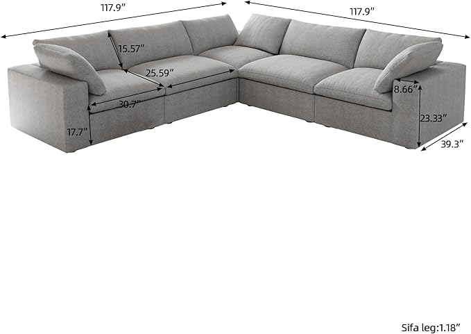 V-Shaped Cloud Sectional Couch, Modular Sectional Sofa, Modern Comfy Cloud Sofa, Covers Removable, Convertible Sleeper Couch for Living Room Apartment (Light Grey, Linen Fabric)