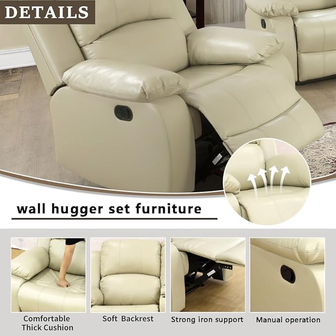 AYCP Bonded Leather Living Room Furniture Set Reclining Sofa Set Loveseat Furniture Sets in Living Room Sofa Recliners (Chair, Beige)