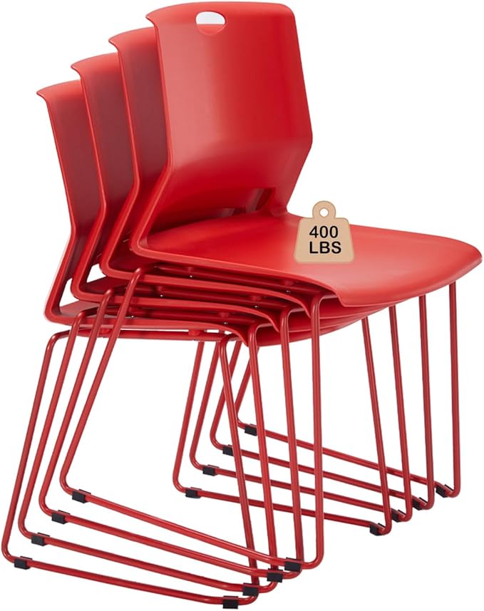 Red Stacking Chairs Set of 4, Modern Stackable Office Chairs with Wide Plastic Seat & Metal Sled Base for Waiting Room Break Room Conference Church Banquet Lobby