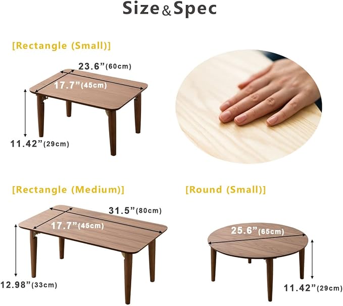 EMOOR Wood Folding Coffee Table Round (25.6") Natural, Floor Sitting Low Table Small Space Minimalist Japanese Tatami Room