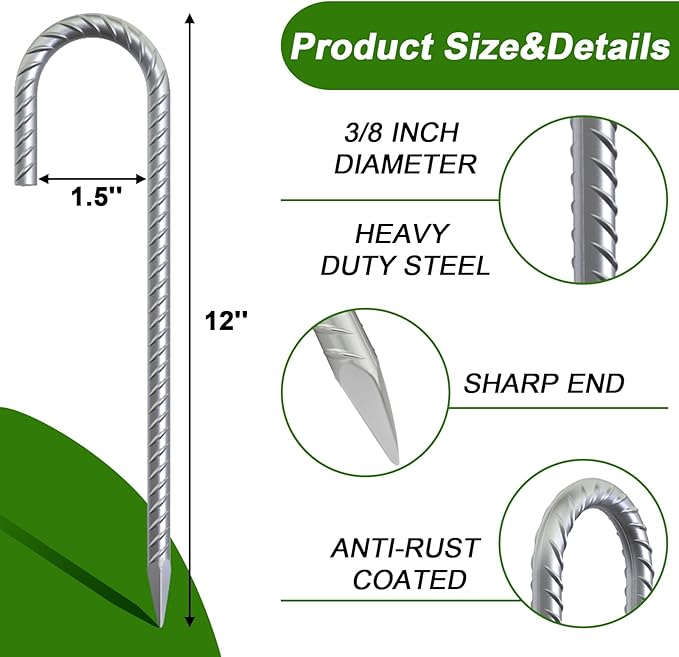 AAGUT Rebar Stakes 12 Inch J Hook Heavy Duty 8 Pack, 3/8 Inch Galvanized Metal Steel Ground Anchors Chain Link Fence Stakes for Camping Tent, Inflatables, Yard Decorations, Canopies & Swing Sets