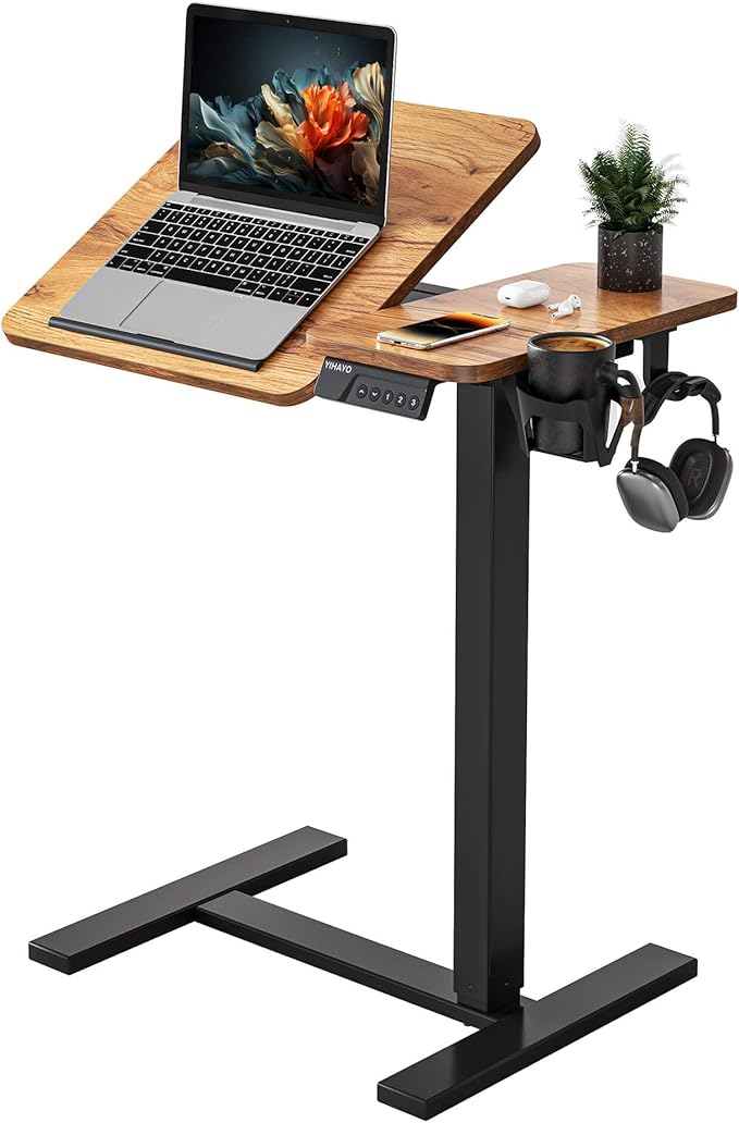 YIHAYO Electric Adjustable Overbed Bedside Table with Wheels, 24 x 16 Inches Mobile Standing Desk, Laptop Desk, Movable Overbed Tables Hospital Home Use, Rustic Brown