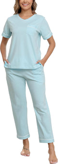 CF Women's 100% Cotton Pajama Sets Soft Short Sleeve Tops & Pants Comfy Sleepwear 2 Piece Lounge set with Pockets Loungewear
