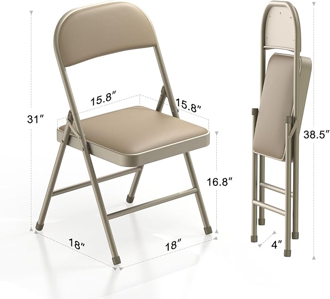 Nazhura 4 Pack Folding Chairs with Padded Vinyl Cushion Chairs with Comfortable Cushion and Durable Steel Frame for Home and Office, for Indoor and Outdoor Events (Kahki Vinyl Padding 4 Pack)