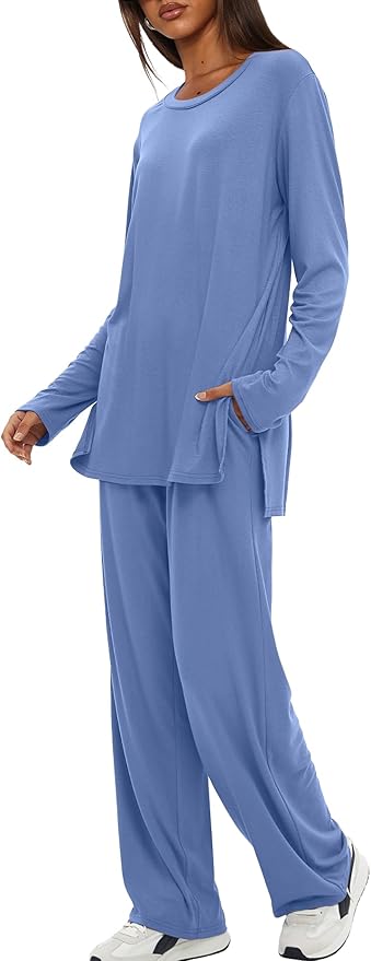 Darong Women's 2 Piece Lounge Set Casual Long Sleeve Crew Neck Tops Wide Leg Pants Travel Airport Outfit Matching Sets