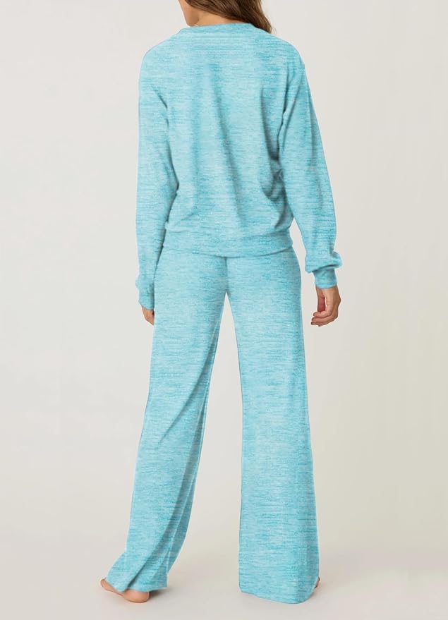 Aamikast Women's 2-Piece Lounge Set Soft Brushed Jersey Sleepwear Pajamas Set Long Sleeve Top & Wide Leg Pants