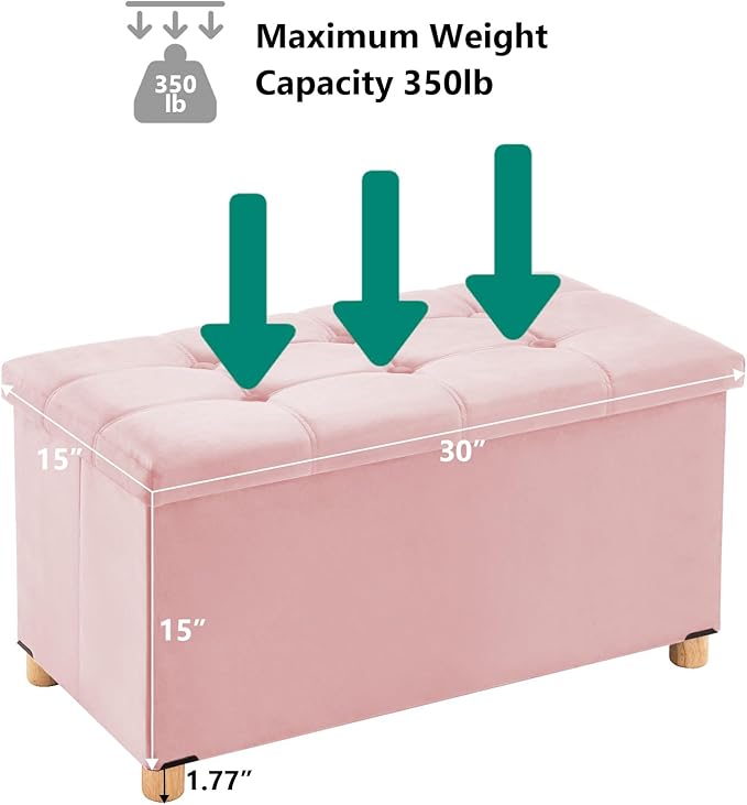 30 Inches Folding Storage Ottoman Bench, Velvet Storage Chest, Footrest Couch with Wooden Legs, Support 350lbs for Bedroom, Living Room, Hallway, Pink