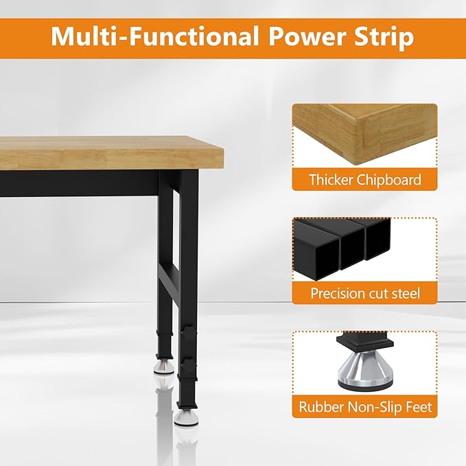 48" Heavy Duty Work Bench with Power Outlets, Adjustable Height Workbench with Rubber Pad, 2000 LBS Capacity Work Table for Garage, Workshop, Office, Home
