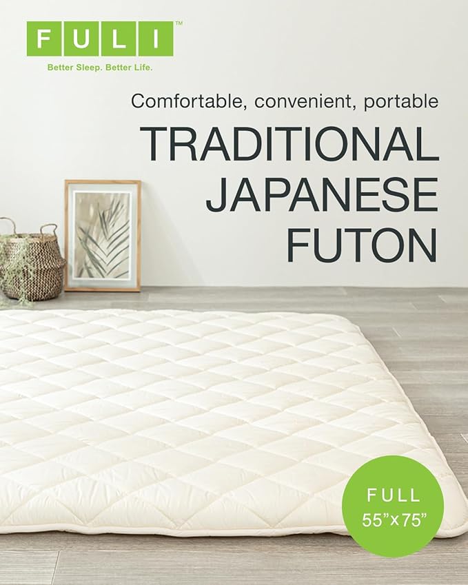 FULI Japanese Futon, Foldable & Portable Floor Lounger Bed, Roll Up Sleeping Pad, Shikibuton, Made in Japan (White, Full)