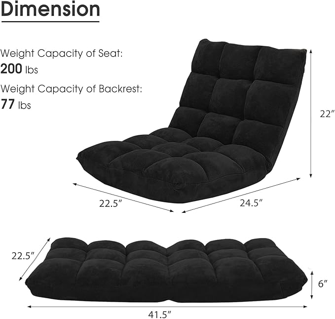 GOFLAME 14-Position Folding Floor Chair, Padded Gaming Lazy Sofa Chair with Adjustable Backrest, Couch Recliner, Sleeper Bed Lounge Chair for Reading, Gaming, Meditating (Black)