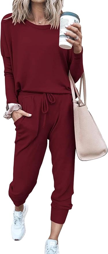 PRETTYGARDEN Women Fall 2 Piece Lounge Outfit Long Sleeve Tops High Waisted Jogger Pants Set Spring Travel Clothes Tracksuit