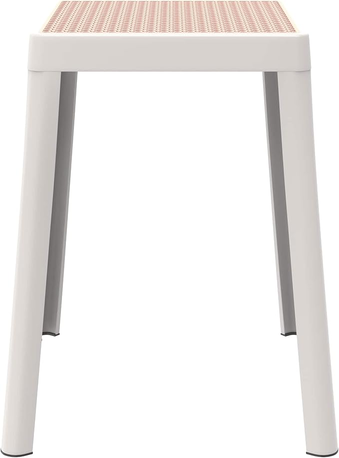 LeisureMod Stackable Square Plastic Dining Stool - Mid-Century Modern Backless Accent Stool with Wicker Top for Kitchen & Dining Room, White