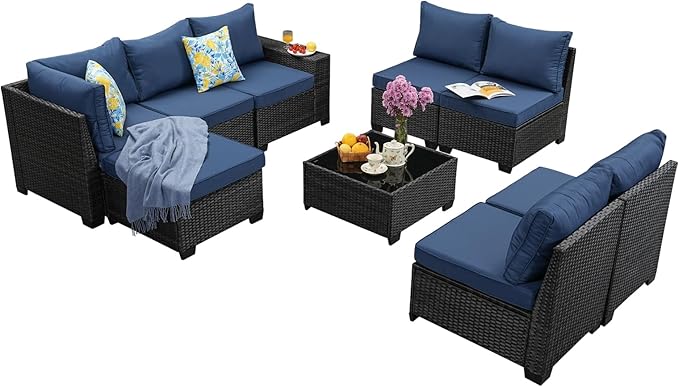 SunloungeCo 9 Pieces Outdoor Patio Furniture Set, Wicker Conversation Sets with Tea Table, Rattan Patio Sofa with Thick Cushions for Garden, Backyard Porch, Poolside,Navy