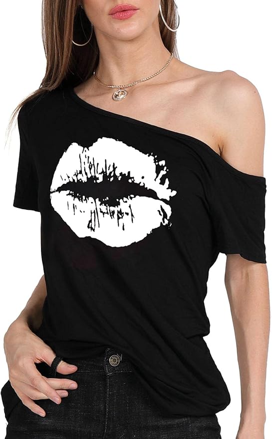 MAGICMK Women’s Short Lips Print Causal Off The Shoulder Plus Size T-Shirt Tops