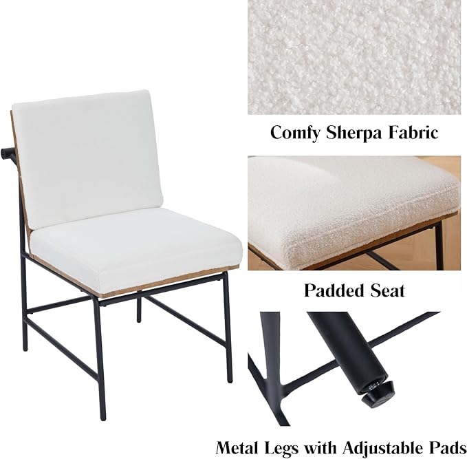 LukeAlon Mid Century Sherpa Dining Chairs Set of 2, Upholstered Square Back Kitchen Chairs with Metal Legs Armless Parsons Chairs with Wood Frame for Dining Room Reception Room, White