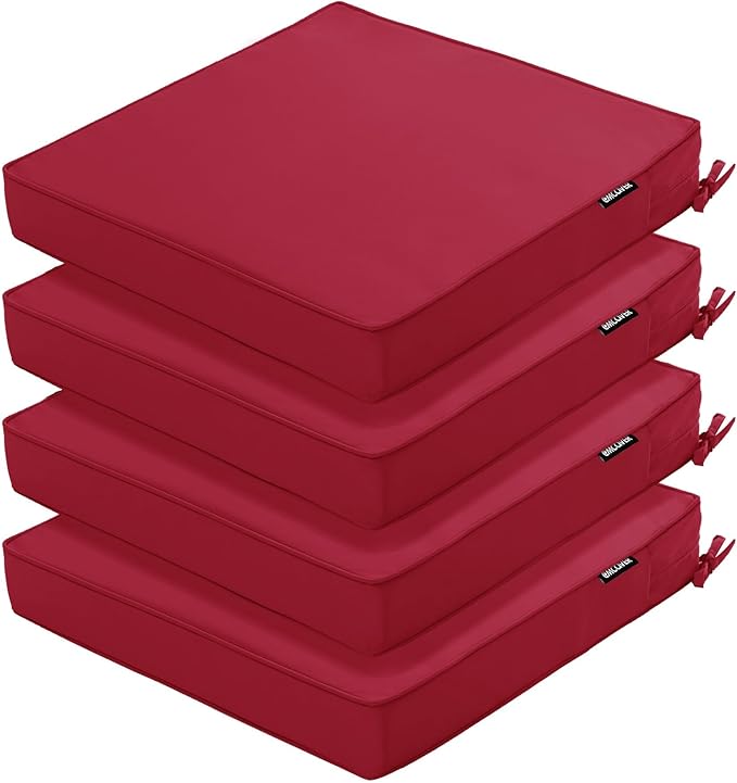 4 Pack Outdoor Chair Cushions 19 x 19 Inch Waterproof Patio Chair Cushions with Tie 5 Year Color Fastness Thick Outdoor Seat Cushion for Garden Lawn Patio Furniture Burgundy