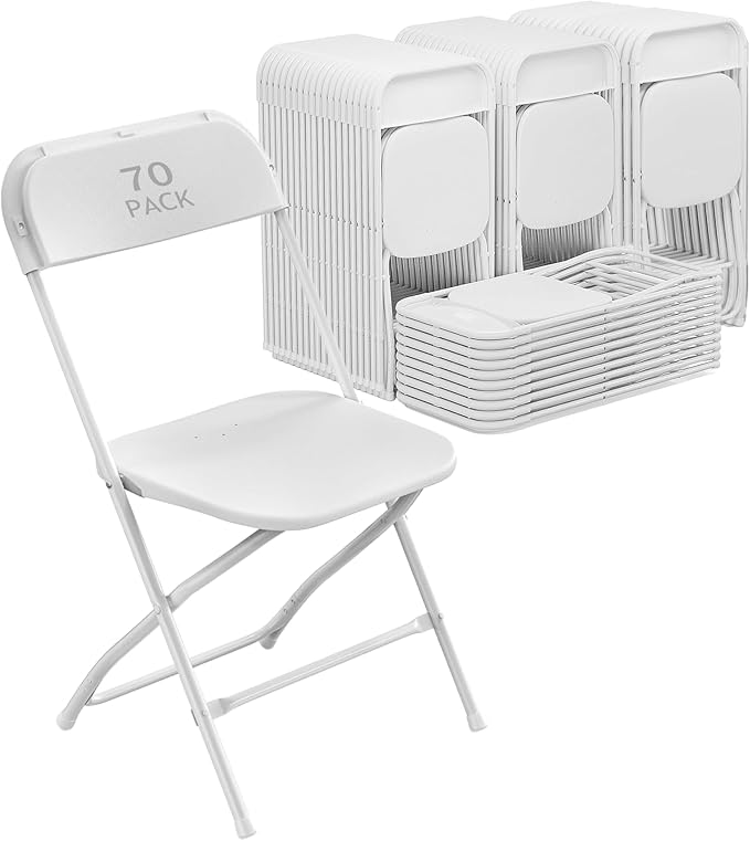 70 Pack White Plastic Folding Chair for Indoor Outdoor, 350 lb Capacity, Foldable Commercial Stacking Chairs with Steel Frame for Office Wedding Party Events