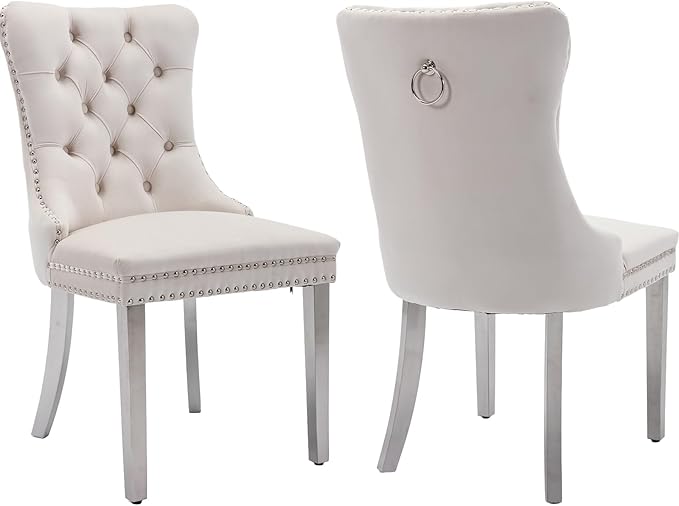 YeahFurn Mid Century Modern Dining Chairs Set of 2, Beige Velvet Upholstered Tufted Back, Kitchen & Dining Room Chairs, Brushed Silver Metal Legs, Nailhead Trim, Sillas para Comedor (Beige, 2 Pcs)
