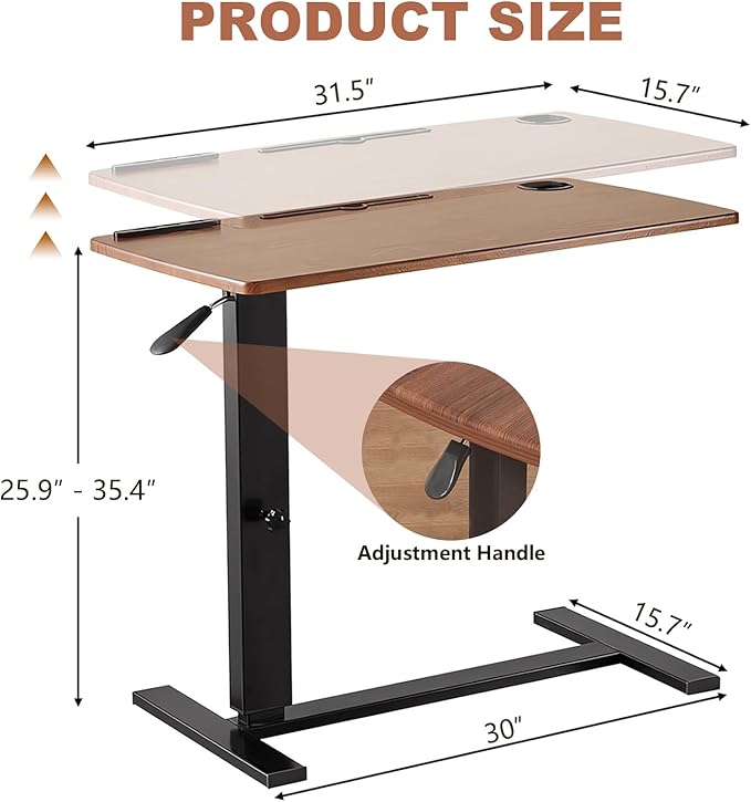 Overbed Bedside Table with Wheels Adjustable Height, Mobile Hospital Bed Table with USB Port, Rolling Standing Laptop Bed Table for Study, Office, Home, Walnut