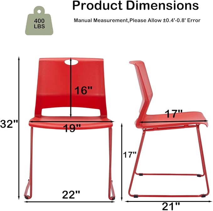 Red Stacking Chairs Set of 4, Modern Stackable Office Chairs with Wide Plastic Seat & Metal Sled Base for Waiting Room Break Room Conference Church Banquet Lobby