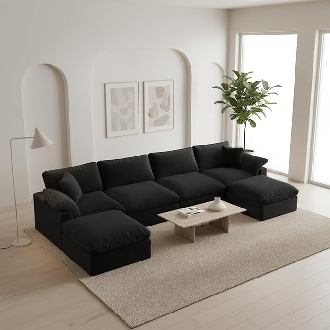 Forest aesthetics Modern Modular Sectional Sofa U-Shaped 6-Seat with Ottoman,Black-Extra Comfty Deep Seat Couch for Living Room,Apartment,Office & Small Spaces