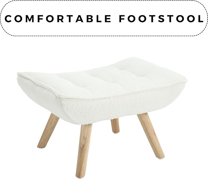 QUINJAY Modern Sherpa Accent Chair with Ottoman, Fluffy Upholstered Lounge Chair with Footrest, Comfy Living Room Side Boucle Armchair for Small Space Bedroom Apartment, White