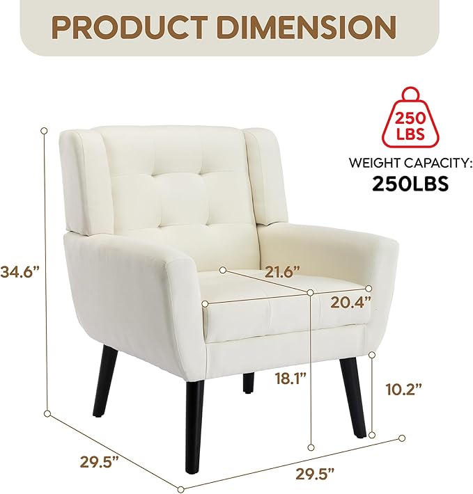 OO BY ORANGE ONLINE Linen Accent Chair, Mid-Century Modern Tufted Armchair for Living Room, Bedroom & Office (Beige)