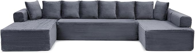 145" Oversized Cloud Boneless Sectional Sofa with Chaise, Corduroy U Shaped Modular Couch with Deep Seat, Fixed Frame Comfy Corner Sofa, No Assembly Required (Grey)